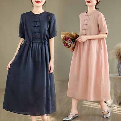 #ad Retro Chinese Short Sleeved Dress Women#x27;s Loose Stand Collar Cotton Linen Skirt $51.03