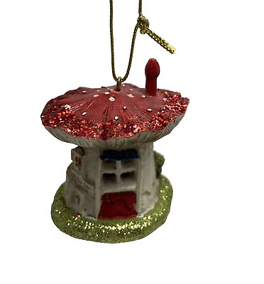 #ad Kurt Adler Christmas Ornament Red Mushroom House Hang Painted Resin 2 inch Tags $9.56