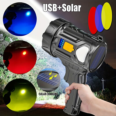 #ad 900000000LM Solar USB LED Searchlight Rechargeable Spotlight Handheld Flashlight $17.88