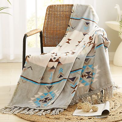 #ad Boho Throw Blanket Green and Beige Aztec Throw Blankets with Tassel for All... $36.09