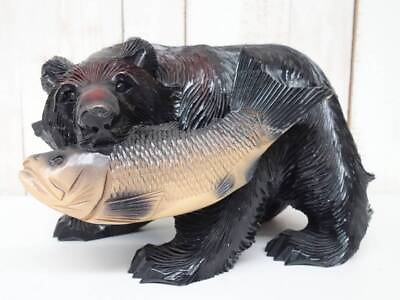 #ad Traditional Craft Art Era Wood Carved Bear Old Salmon Glossy Ornament Weight 2.5 $116.55
