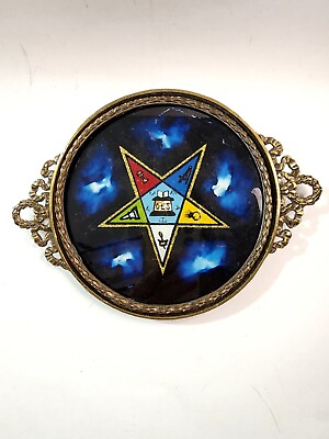 #ad Masonic Temple Glass Foil Metal Small Decorative Tray Order Eastern Star VTG $16.00