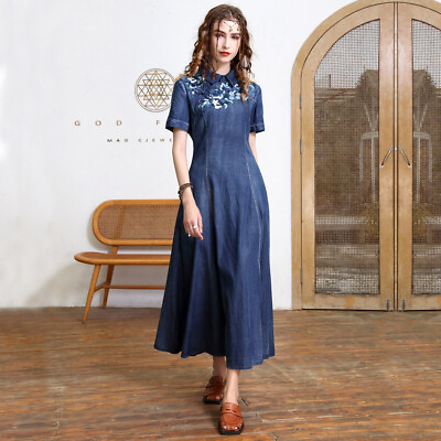 #ad New Women#x27;s Denim Dress Vintage Embroidered Maxi Long Shirt Dresses A2512 $69.00