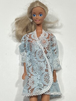 #ad Vintage 1960s Barbie Fashion Blue amp; White Sheer Negligee w White Lace Trim $8.75