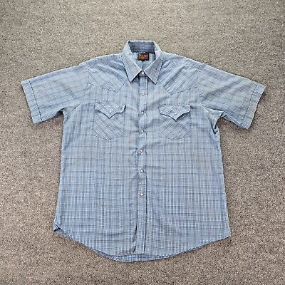 #ad Plains Western Wear Mens Button Up Shirt Cowboy Rodeo Pearl Snap Blue Sz Large $12.75