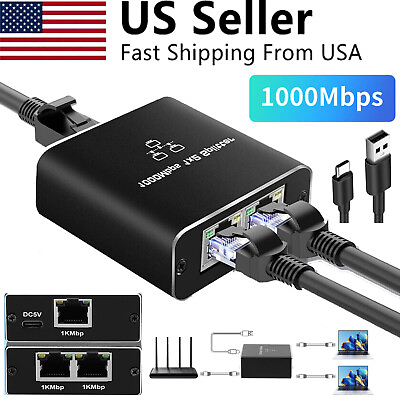 #ad 1000Mbps Ethernet Splitter Adapter RJ45 Cable LAN Network Internet 1 IN 2 Out US $11.41