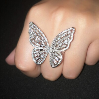 #ad 925 Silver Butterfly Luxury Cubic Zirconia Fashion Big Women#x27;s Party Fine Ring $290.00