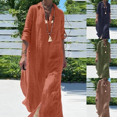 #ad Women Cotton Linen V Neck Long Sleeve Shirt Maxi Dress Casual Kaftan Dresses $21.79