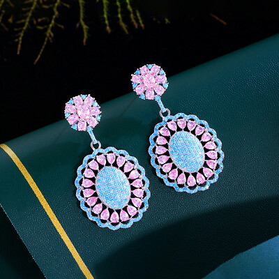 #ad Silver Plated CZ Pink Blue Dangle Drop Earring for Women Charming Flower Jewelry $10.74