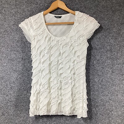 #ad Roman Womens White Ruffled Short Sleeve Sparkly Evening Top Size 10 Pullover GBP 7.00