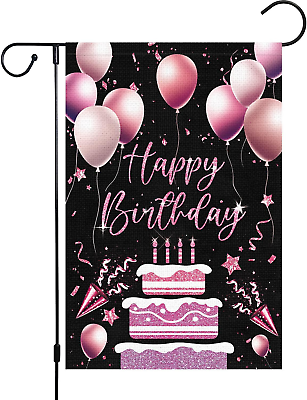 #ad Happy Birthday Garden Flag Balloons Pink Birthday Cake Yard Flags 12X18 Inch Dou $7.99