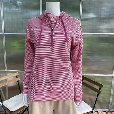 #ad Croft amp; Barrow S Hooded Top Blouse Pink Stripe 1 4 Zip Long Sleeve Women NWT $16.99