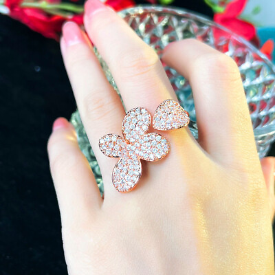 #ad Fashion Rose Gold Plated Cubic Zirconia Big Flower Leaf Open Cuff Ring for Women $6.99