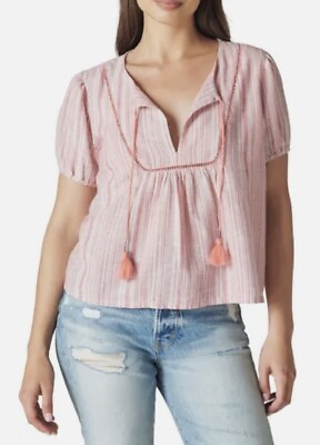 #ad Lucky Brand Striped Pink Short Sleeve Tassel Tie Boho Top Blouse Size L NEW $14.52