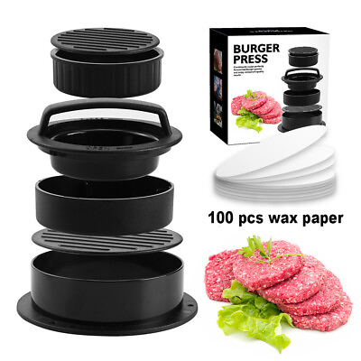 #ad Burger Press 3 in 1 Patty Maker Stuffed Ring Mold Kit Non Stick w 100 pcs paper $9.95