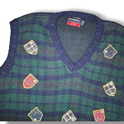 #ad Hathaway Golf Mens Large Sweater Vest Shield patches navy green plaid vneck USA $29.04