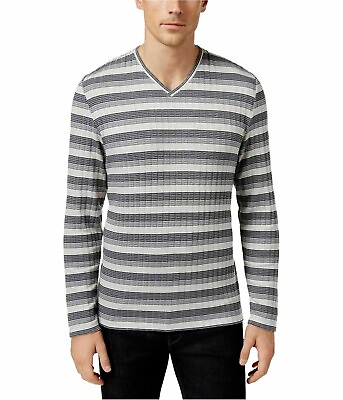 #ad Alfani Men#x27;s Sweater Gray Stretch Ribbed V Neck Striped Medium $14.99