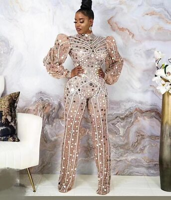 #ad Women Rhinestone Sequins Mesh Puff Sleeves Jumpsuit Stage Costumes Dancer Outfit $267.44