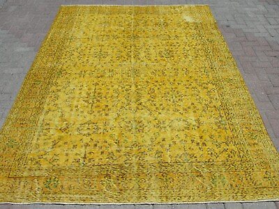 #ad Vintage Yellow Geometric Oushak 6x10 Area Rug Hand knotted Large Carpet $439.20