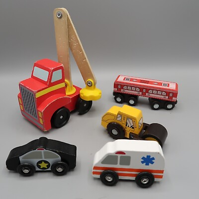 #ad Melissa amp; Doug Wooden Vehicles Police Ambulance Roller Play Cars Lot Of 5 $10.20