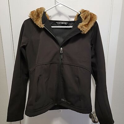 #ad Black Marmot Zip Up Brown Faux Fur Hood Nylon Soft Shell Women#x27;s Jacket Size S $21.95