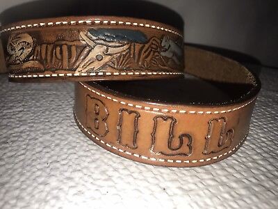 #ad Vtg Genuine Leather Mens Tooled Belt “Bill” Sz 46quot; Hunting Western Horses Deer $49.99