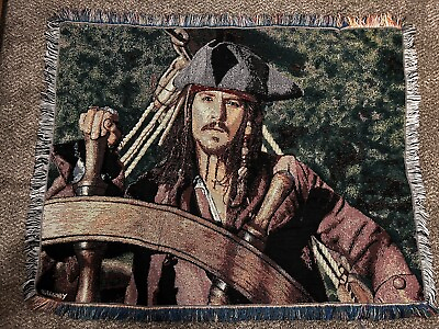 #ad VTG Johnny Depp Pirates Of The Caribbean Tapestry Throw Blanket 55quot;x42quot; Disney $75.00
