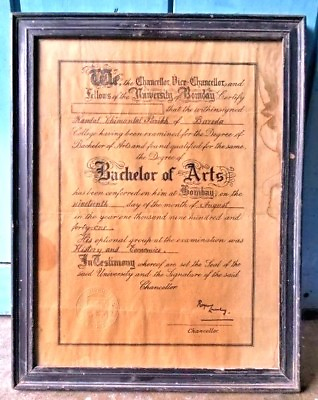 #ad Vintage Historical The Degree Of Bachelor Of Arts Bombay 19 8 1941 Collectible $230.00
