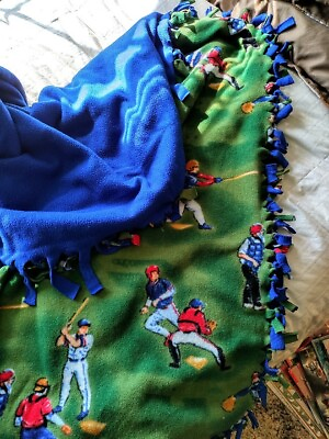 #ad Baseball Blanket Throw Kid#x27;s Room Handmade Green Blue Cotton Felt mix 52quot; X 60quot; $18.00