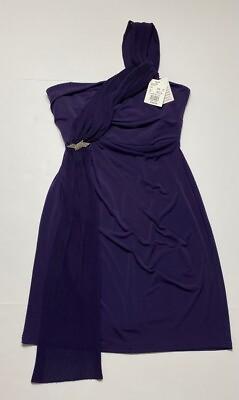 #ad NWT David#x27;s Bridal Womens Dress Size 6 One Shoulder Purple Stone Brooch Zipper $44.75