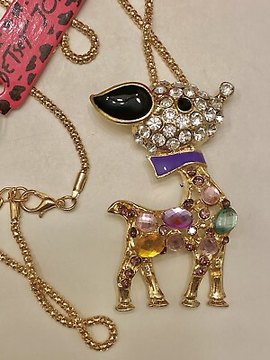 #ad Betsey Johnson Pink Purple Collar Rhinestone Elk Deer Pendant Chain Necklace NWT $16.99