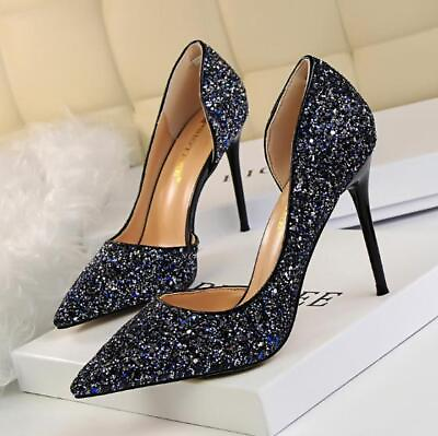 #ad Women#x27;s Evening Sequin Stilettos Pointy Toe Party 9.5CM High Heel Shoes Fashion $48.29