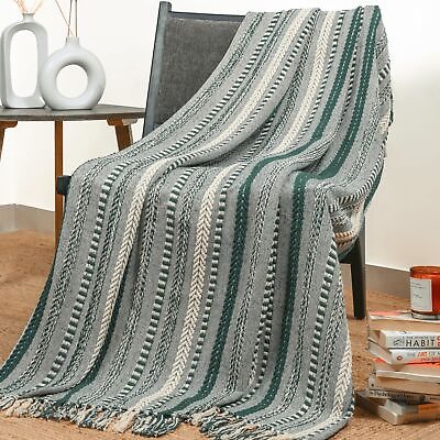 #ad RAJRANG Green Throw Blanket with Decorative Tassels 50x60 Inches 100% Cotton ... $28.96
