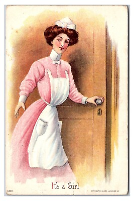 #ad Early 1910s quot;It#x27;s A Girlquot; Nurse Baby Gender Comic Postcard Posted 1910 $4.20
