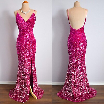 #ad Pink Sequin VELVET Long Formal Prom Evening Wedding Gown Dress M 6 8 $159.00