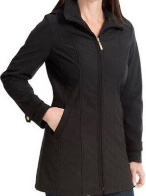 #ad Ellen Tracy $180 Hooded Soft Shell A Line Pepper Black Anorak Jacket Sz XL $21.60