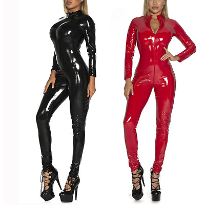 #ad Women#x27;s Bodysuit Shiny Patent Leather Catsuit Full Body Tight Zipper Jumpsuit $7.06