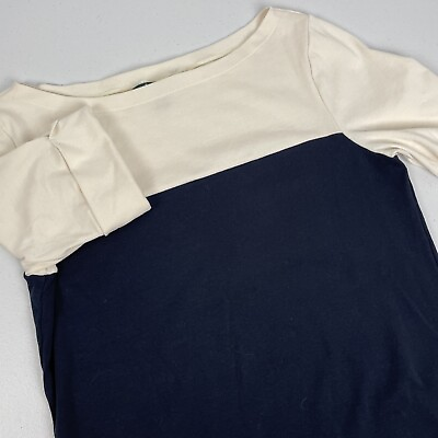 #ad Lauren Ralph Lauren Shirt Women#x27;s Size Large Cream Navy Blue Rolled Sleeve $12.23