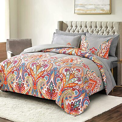 #ad Shatex Gray Boho Comforter with Pillow Shams Rainbow Floral Bohemia Bedding Set $43.99