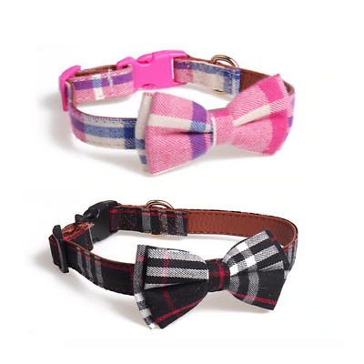 #ad Plaid Checkered Dog Cat Collar Pet Bowtie Leather Adjustable Gold Buckle Luxury $8.95