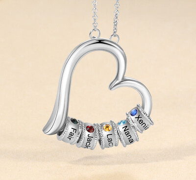 #ad Personalized Family Heart Name Pendant Necklace Birthstone Engraved Mother Gift $48.00