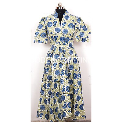 #ad Blue Floral Block Printed Women#x27;s Cotton Dress Summer Dress Blouson Dress $40.40