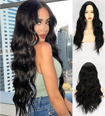#ad Long Wavy Wig Women 24 Inch Natural Black Lace Front Wigs Synthetic Pre Plucked $26.90