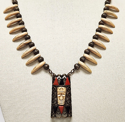 #ad Long Rare Vintage HOBE Tribal Mask Motif Resin Faux Claw Pendant Necklace 27.5quot; $400.00