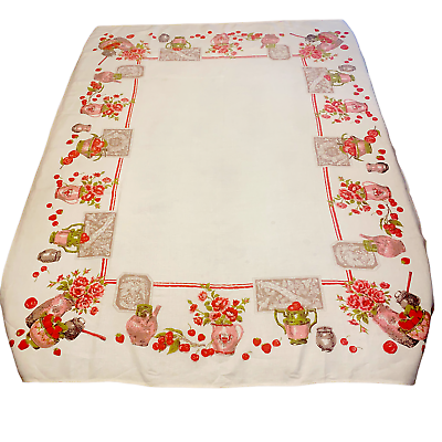 #ad Cottage Core Farmhouse Fruit Tablecloth Green Pink Red Rectangle Vintage 64X48 $39.00