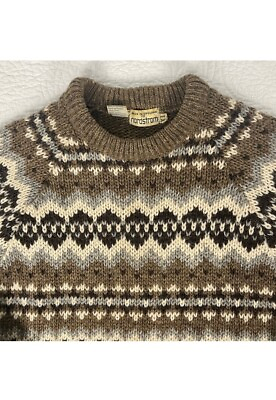 #ad Wool Fair Isle Womens Knit Sweater Size XL Brown Tan Cream Made In England $21.95