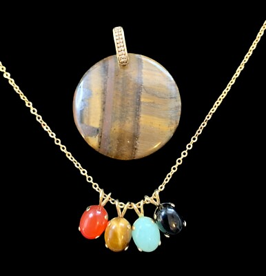 #ad Vtg Gold Tone Gemstone Birthstone Necklace Set Cats Eye Onyx Jade Carnelian Etc $24.50