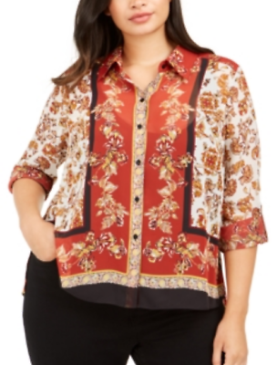 #ad INC International Concepts Top Plus Size 1X Sheer Printed Button Roll Tab Sleeve $12.80