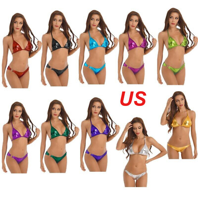 #ad Women Metallic Sexy Bikini Swimwear Lace up Bra with O Ring Briefs Bathing Suit $7.27