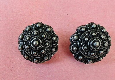 #ad Vintage Ben Amun Silver Tone Pewter South West Design Button Clip Earrings .75quot; $11.00